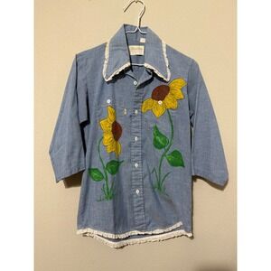 VTG 60s Robert Dale Hand Painted Chambray Top Sunflowers Turtle Lace Youth 18